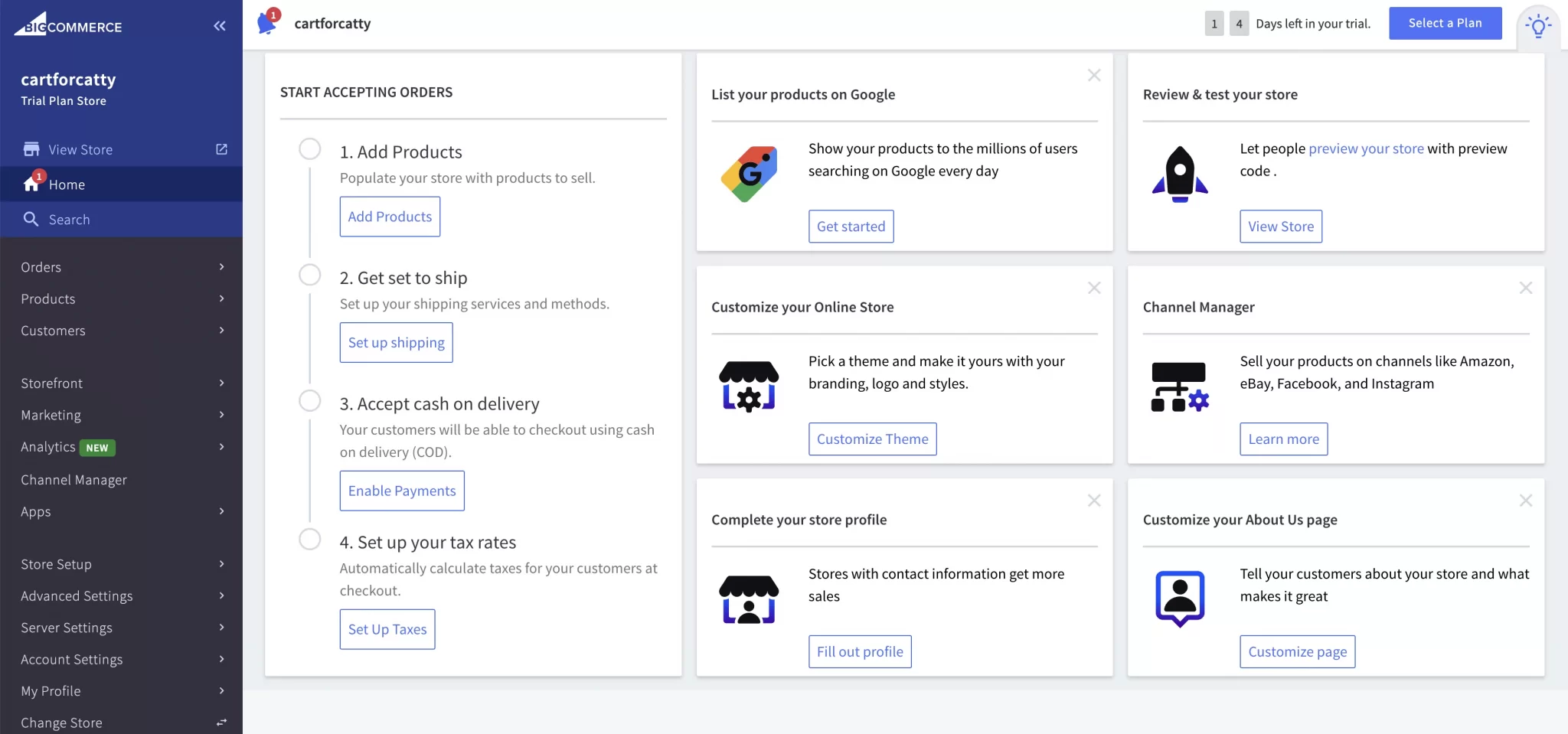 BigCommerce user interface