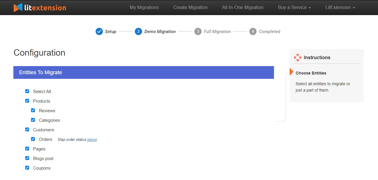 Select the data you want to migrate from Shopify to BigCommerce