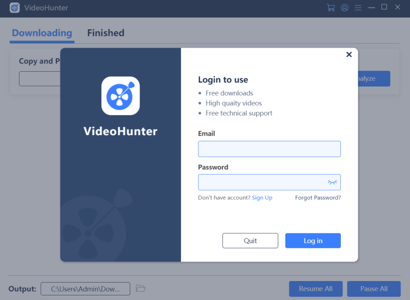 Log in VideoHunter via Account